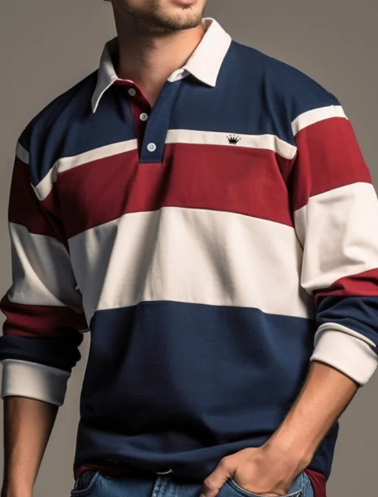 New OUKU Men's Stripe Rugby Polo Golf Polos Shirts Long Sleeve Polo Shirts Turndown Casual Outdoor Casual Daily Streetwear 3D Print Fall & Winter Dark Navy