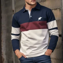 OUKU Men's Stripe Rugby Polo Shirts Long Sleeve Polo Shirts Collared Shirts Business Casual Outdoor Office Dailywear Buttons 3D Print Spring Fall Winter Ink Blue