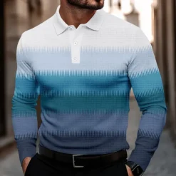 Hot OUKU Men's Stripe Waffle Polo Shirts Golf Shirt Long Sleeve Polo Shirts Collared Shirts Casual Business Casual Dailywear Athleisure Buttons 3D Print Spring Fall Winter Blue Purple Brown