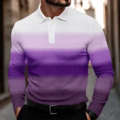 Hot OUKU Men's Stripe Waffle Polo Shirts Golf Shirt Long Sleeve Polo Shirts Collared Shirts Casual Business Casual Dailywear Athleisure Buttons 3D Print Spring Fall Winter Blue Purple Brown
