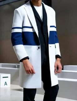 Discount OUKU Men's Stripe Winter Coat Overcoat Coat Warm Breathable Comfortable Fashion Streetwear Business Work Wear to work Going out Pocket Print Fall & Winter Turndown Long Sleeve White Red Blue