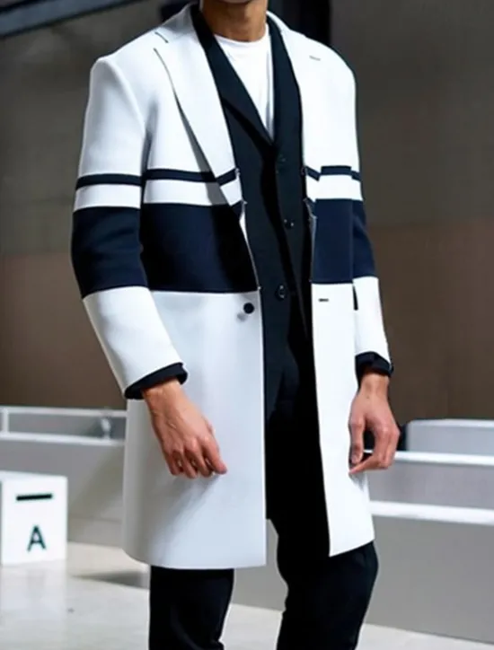 Discount OUKU Men's Stripe Winter Coat Overcoat Coat Warm Breathable Comfortable Fashion Streetwear Business Work Wear to work Going out Pocket Print Fall & Winter Turndown Long Sleeve White Red Blue