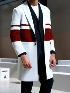Discount OUKU Men's Stripe Winter Coat Overcoat Coat Warm Breathable Comfortable Fashion Streetwear Business Work Wear to work Going out Pocket Print Fall & Winter Turndown Long Sleeve White Red Blue