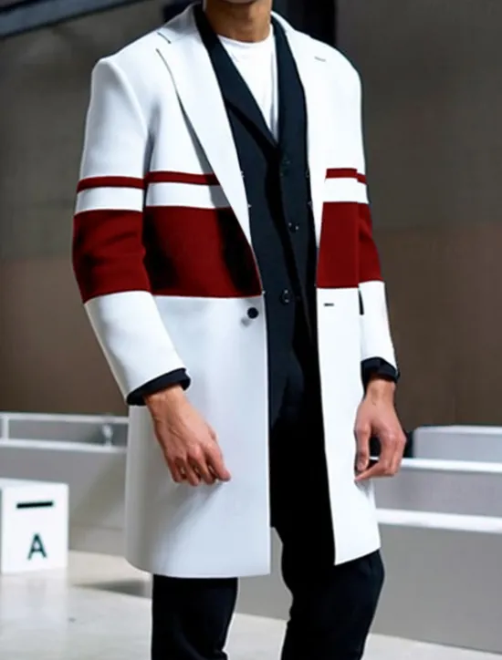 Discount OUKU Men's Stripe Winter Coat Overcoat Coat Warm Breathable Comfortable Fashion Streetwear Business Work Wear to work Going out Pocket Print Fall & Winter Turndown Long Sleeve White Red Blue