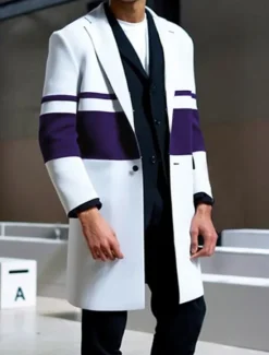 Discount OUKU Men's Stripe Winter Coat Overcoat Coat Warm Breathable Comfortable Fashion Streetwear Business Work Wear to work Going out Pocket Print Fall & Winter Turndown Long Sleeve White Red Blue