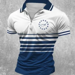 OUKU Men's Striped 1776 Zip Polo Shirts Golf Shirt Short Sleeve Polo Shirts Collared Shirts Casual Streetwear Vacation Wear Party Outfits 3D Print Quarter Zip Polo Spring & Summer Blue