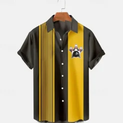 OUKU Men's Striped Bowling Ball Shirt Bowling Shirt Button Up Shirt Short Sleeve Sports Fashion Streetwear Outdoor Casual Daily Summer Spring Turndown Print Button-Down Yellow Light Green Blue Green Dark