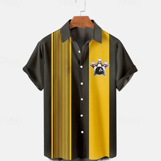 OUKU Men's Striped Bowling Ball Shirt Bowling Shirt Button Up Shirt Short Sleeve Sports Fashion Streetwear Outdoor Casual Daily Summer Spring Turndown Print Button-Down Yellow Light Green Blue Green Dark