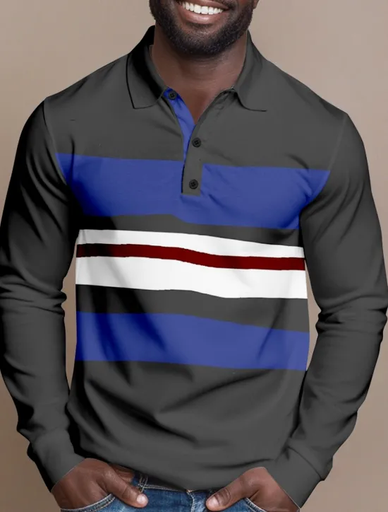 Clearance OUKU Men's Striped Cable Knit Polo Rugby Polo Shirts Long Sleeve Polo Shirts Collared Shirts Casual Outdoor Athleisure 3D Print Spring Fall Lake blue Blue Brown