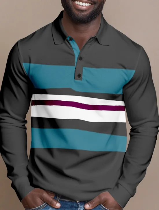 Clearance OUKU Men's Striped Cable Knit Polo Rugby Polo Shirts Long Sleeve Polo Shirts Collared Shirts Casual Outdoor Athleisure 3D Print Spring Fall Lake blue Blue Brown
