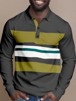 Clearance OUKU Men's Striped Cable Knit Polo Rugby Polo Shirts Long Sleeve Polo Shirts Collared Shirts Casual Outdoor Athleisure 3D Print Spring Fall Lake blue Blue Brown