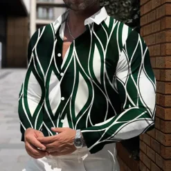 Discount OUKU Men's Striped Geometric Pattern Shirt Dress Shirt Button Up Shirt Long Sleeve Business Casual Daily Fall Winter Spring & Summer Turndown Button Up 3D Print Black Blue Green