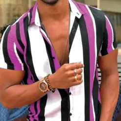 Sale OUKU Men's Striped Geometric Pattern Shirt Bowling Shirt Button Up Shirt Short Sleeve Fashion Designer Casual Outdoor Casual Daily Spring & Summer Turndown Button-Down Pink Blue Purple Blue-White
