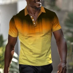 New OUKU Men's Striped Golf Shirt Short Sleeve Polo Shirts Collared Shirts Casual Vacation Wear Formal Wear Festival Wear Buttons 3D Print Summer Spring Yellow Orange