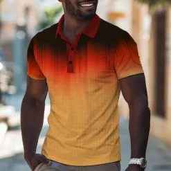 New OUKU Men's Striped Golf Shirt Short Sleeve Polo Shirts Collared Shirts Casual Vacation Wear Formal Wear Festival Wear Buttons 3D Print Summer Spring Yellow Orange