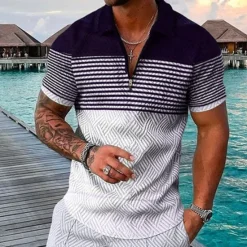 Outlet OUKU Men's Striped Hawaiian Polo Shirts Golf Shirt Short Sleeve Polo Shirts Collared Shirts Casual Beach Wear Vacation Wear Party Outfits 3D Print Quarter Zip Polo Black-White Black Army Green