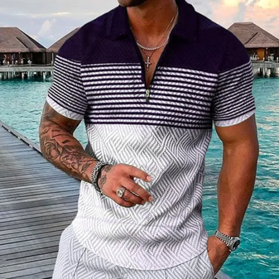 Outlet OUKU Men's Striped Hawaiian Polo Shirts Golf Shirt Short Sleeve Polo Shirts Collared Shirts Casual Beach Wear Vacation Wear Party Outfits 3D Print Quarter Zip Polo Black-White Black Army Green