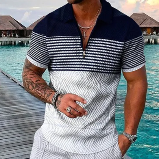 Outlet OUKU Men's Striped Hawaiian Polo Shirts Golf Shirt Short Sleeve Polo Shirts Collared Shirts Casual Beach Wear Vacation Wear Party Outfits 3D Print Quarter Zip Polo Black-White Black Army Green