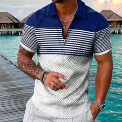 Outlet OUKU Men's Striped Hawaiian Polo Shirts Golf Shirt Short Sleeve Polo Shirts Collared Shirts Casual Beach Wear Vacation Wear Party Outfits 3D Print Quarter Zip Polo Black-White Black Army Green