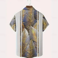 OUKU Men's Striped Palm Leaf Tropical Plants Summer Hawaiian Shirt Button Up Shirt Short Sleeve Hawaiian Resort Vacation Holiday Beach Wear Summer Spring Turndown Collared Shirts Front One Pocket White