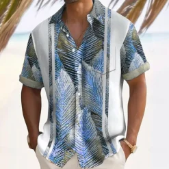 OUKU Men's Striped Palm Leaf Tropical Plants Summer Hawaiian Shirt Button Up Shirt Short Sleeve Hawaiian Resort Vacation Holiday Beach Wear Summer Spring Turndown Collared Shirts Front One Pocket White