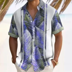 OUKU Men's Striped Palm Leaf Tropical Plants Summer Hawaiian Shirt Button Up Shirt Short Sleeve Hawaiian Resort Vacation Holiday Beach Wear Summer Spring Turndown Collared Shirts Front One Pocket White