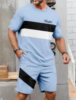 Best OUKU Men's Striped 2pcs Tees sets Summer Tops Short Sleeve Short Pants Crew Neck Sport Casual Outdoor Vacation Sport 3D Print Summer Brown ash-colored Light Blue