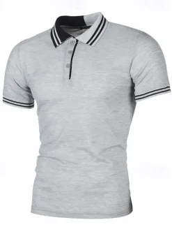 Outlet OUKU Men's Striped Polo Golf Shirt Short Sleeve Lapel Fashion Casual Outdoor Sport Daily Buttons Splice Summer White Red Navy Blue