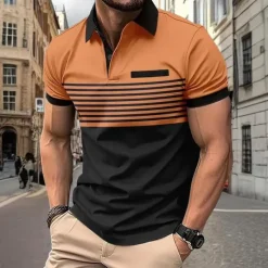 Sale OUKU Men's Striped Polo Shirts Golf Shirt Short Sleeve Polo Shirts Collared Shirts Business Casual WorkWear Formal Wear Festival Wear Buttons 3D Print Spring & Summer White Wine Orange