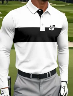 Best OUKU Men's Striped Polo Sports Polo Shirts Long Sleeve Polo Shirts Collared Shirts Sportswear Casual Outdoor Daily Wear 3D Print Spring Fall Winter White Red Navy Blue