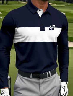 Best OUKU Men's Striped Polo Sports Polo Shirts Long Sleeve Polo Shirts Collared Shirts Sportswear Casual Outdoor Daily Wear 3D Print Spring Fall Winter White Red Navy Blue