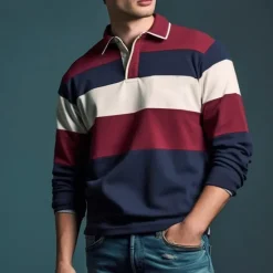 Outlet OUKU Men's Striped Rugby Polo Shirts Long Sleeve Polo Shirts Zip Casual Outdoor Casual Daily Streetwear 3D Print Fall & Winter Yellow Wine Red