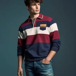 Outlet OUKU Men's Striped Rugby Polo Shirts Long Sleeve Polo Shirts Zip Casual Outdoor Casual Daily Streetwear 3D Print Fall & Winter Yellow Wine Red
