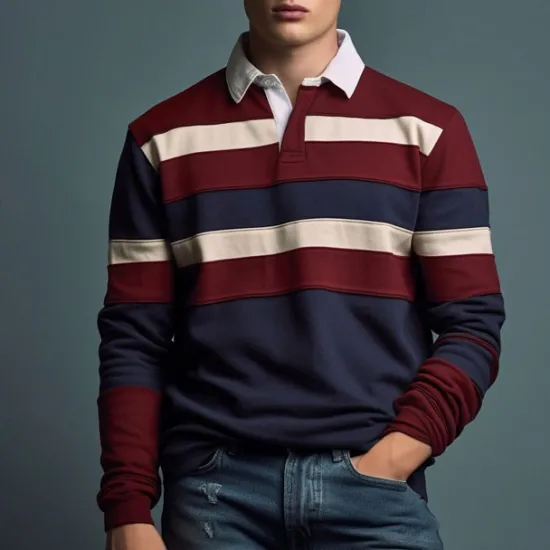 Outlet OUKU Men's Striped Rugby Polo Shirts Long Sleeve Polo Shirts Zip Casual Outdoor Casual Daily Streetwear 3D Print Fall & Winter Yellow Wine Red