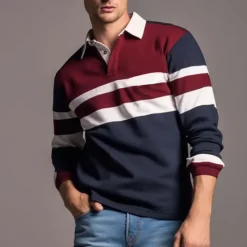 Outlet OUKU Men's Striped Rugby Polo Shirts Long Sleeve Polo Shirts Zip Casual Outdoor Casual Daily Streetwear 3D Print Fall & Winter Yellow Wine Red