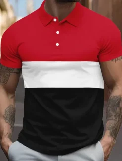 Discount OUKU Men's Striped Rugby Polo Short Sleeve Polo Shirts Collared Shirts Casual School Outdoor Sports Daily Wear 3D Print Summer Black Red Dark Blue