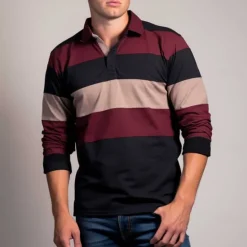 Discount OUKU Men's Striped Rugby Polo Shirts Long Sleeve Polo Shirts Collar Business Casual Formal Outdoor Dailywear Buttons 3D Print Spring Fall Winter Maroon