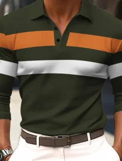 Discount OUKU Men's Striped Rugby Polo Shirts Long Sleeve Polo Shirts Collared Shirts Business Casual School Athleisure Daily Wear 3D Print Spring Fall Winter Black Army Green Dark Blue