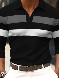 Discount OUKU Men's Striped Rugby Polo Shirts Long Sleeve Polo Shirts Collared Shirts Business Casual School Athleisure Daily Wear 3D Print Spring Fall Winter Black Army Green Dark Blue