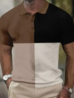 Clearance OUKU Men's Striped Rugby Polo Short Sleeve Polo Shirts Collared Shirts Business Casual School Formal Dailywear Business Buttons 3D Print Summer Dark Brown Dark Green Dark Blue