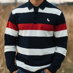Discount OUKU Men's Striped Rugby Polo Shirts Long Sleeve Polo Shirts Collar Business Casual Formal Outdoor Street Dailywear Buttons 3D Print Spring Fall Winter Red Blue Purple
