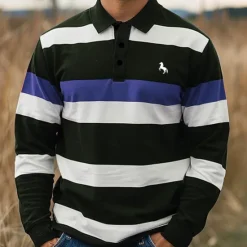 Discount OUKU Men's Striped Rugby Polo Shirts Long Sleeve Polo Shirts Collar Business Casual Formal Outdoor Street Dailywear Buttons 3D Print Spring Fall Winter Red Blue Purple