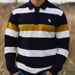 Discount OUKU Men's Striped Rugby Polo Shirts Long Sleeve Polo Shirts Collar Business Casual Formal Outdoor Street Dailywear Buttons 3D Print Spring Fall Winter Red Blue Purple