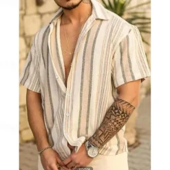 Clearance OUKU Men's Striped Shirt Summer Shirt Casual Shirt Short Sleeve Comfortable Fashion Casual Vacation Going out Casual Daily Spring & Summer Turndown Print White Red
