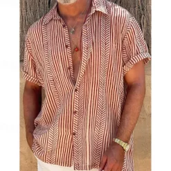 Clearance OUKU Men's Striped Shirt Summer Shirt Casual Shirt Short Sleeve Comfortable Fashion Casual Vacation Going out Casual Daily Spring & Summer Turndown Print White Red