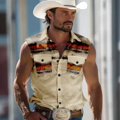 Outlet OUKU Men's Striped Shirt Western Shirt Cowboy Shirt Sleeveless Western Style Outdoor Work Causal Summer Spring Shirt Collar Red Blue Khaki Gray