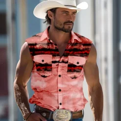 Outlet OUKU Men's Striped Shirt Western Shirt Cowboy Shirt Sleeveless Western Style Outdoor Work Causal Summer Spring Shirt Collar Red Blue Khaki Gray