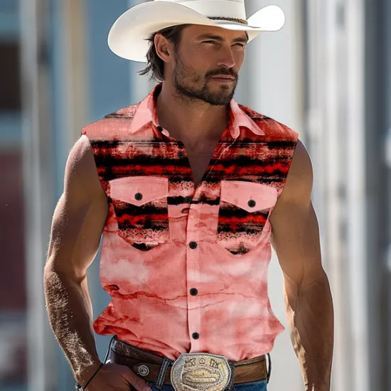 Outlet OUKU Men's Striped Shirt Western Shirt Cowboy Shirt Sleeveless Western Style Outdoor Work Causal Summer Spring Shirt Collar Red Blue Khaki Gray