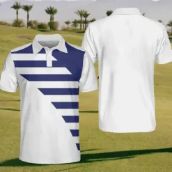 Discount OUKU Men's Striped Sports Polo Shirts Golf Shirt Short Sleeve Polo Shirts Collared Shirts Sportswear Vacation Wear Buttons 3D Print Summer Blue