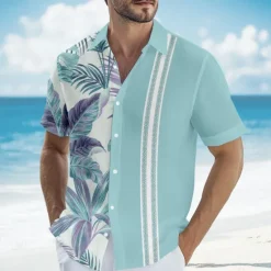 Online OUKU Men's Striped Tropical Palm Tree Guayabera Shirt Summer Hawaiian Shirt Button Up Shirt Short Sleeve Hawaiian Vacation Beach Wear Summer Spring Turndown 3D Print Collared Shirts Blue Green Khaki